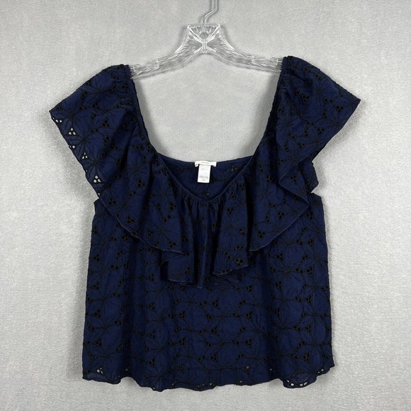 Eberjey Shirt Top Navy Blue Embroidered Evelyn Ruffled Cotton Large Top - Picture 2 of 10